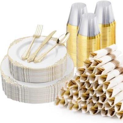 350PCS Gold Plastic Plates for 50 Guests